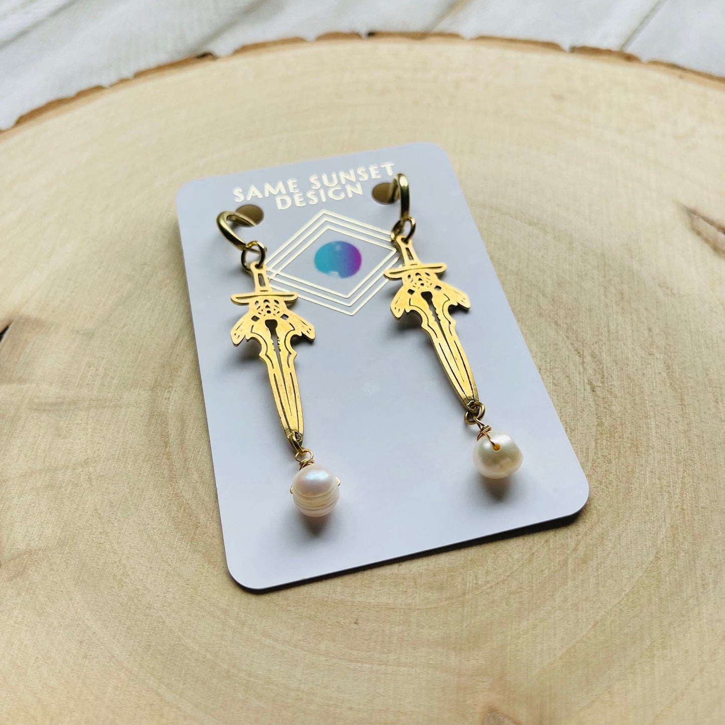 Pearl Sword Huggie Hoop Earrings