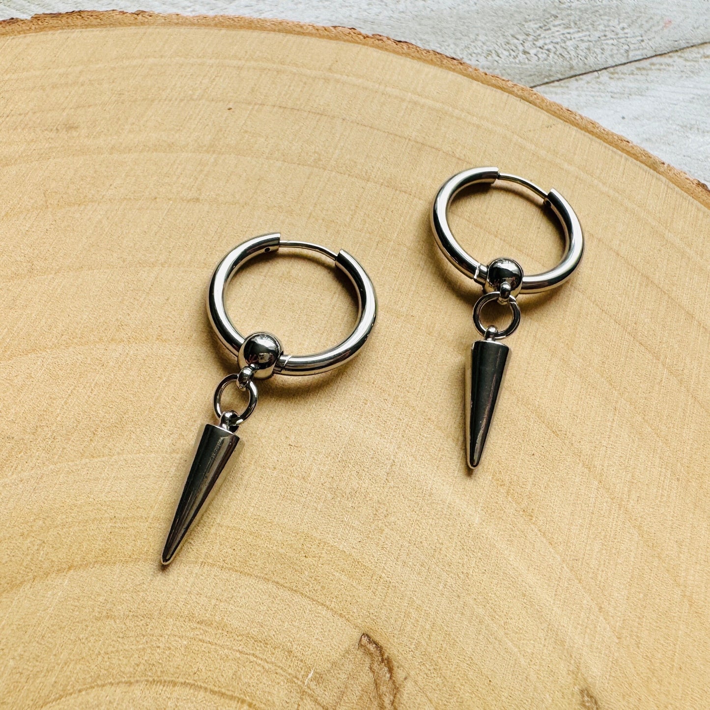 Silver Huggie Hoop Spike Earrings