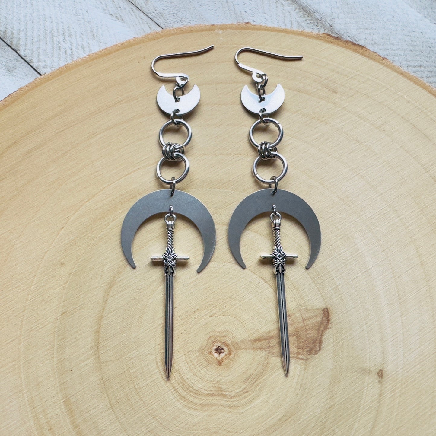 Silver Sword Moon Earrings