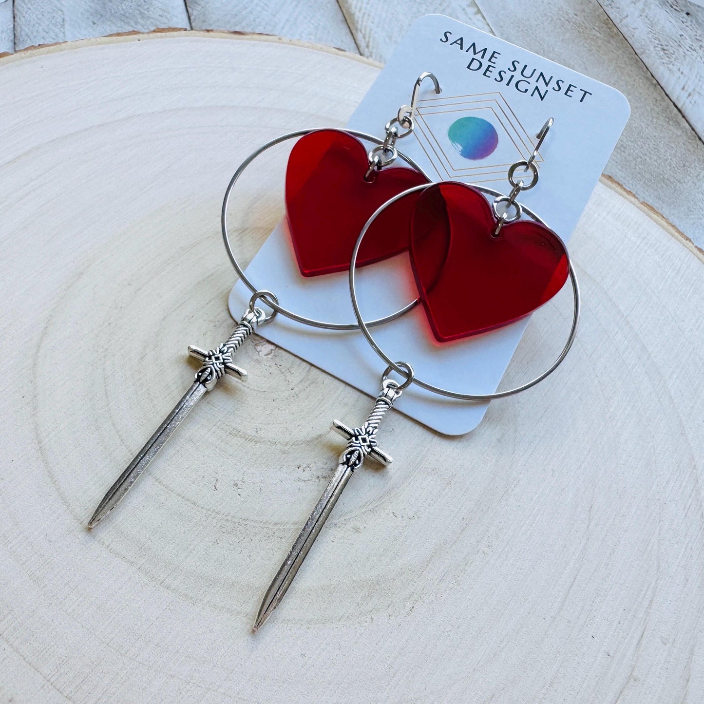 Red Heart Sword Earrings