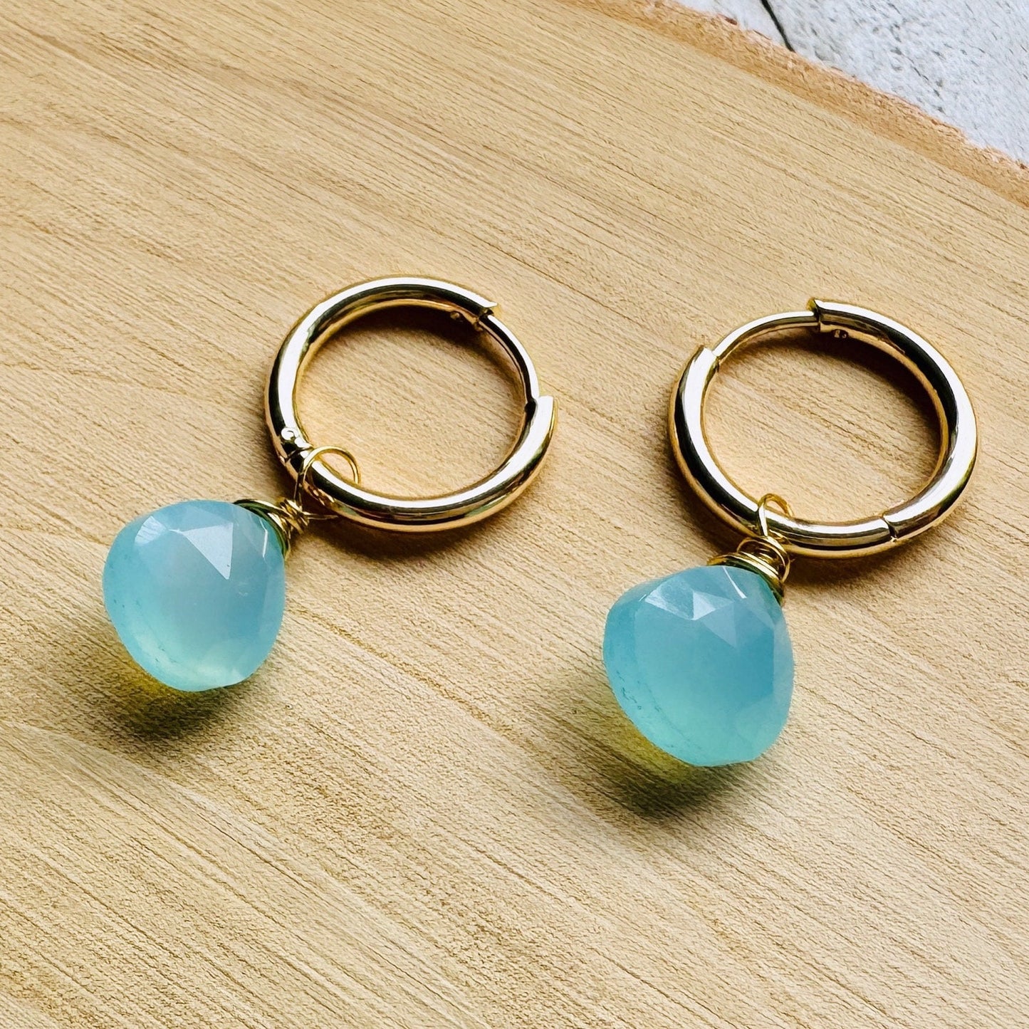Aqua Chalcedony Huggie Hoop Earrings