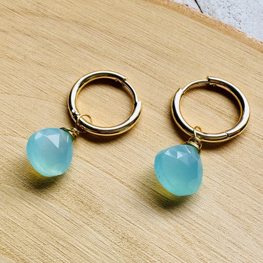 Aqua Chalcedony Huggie Hoop Earrings