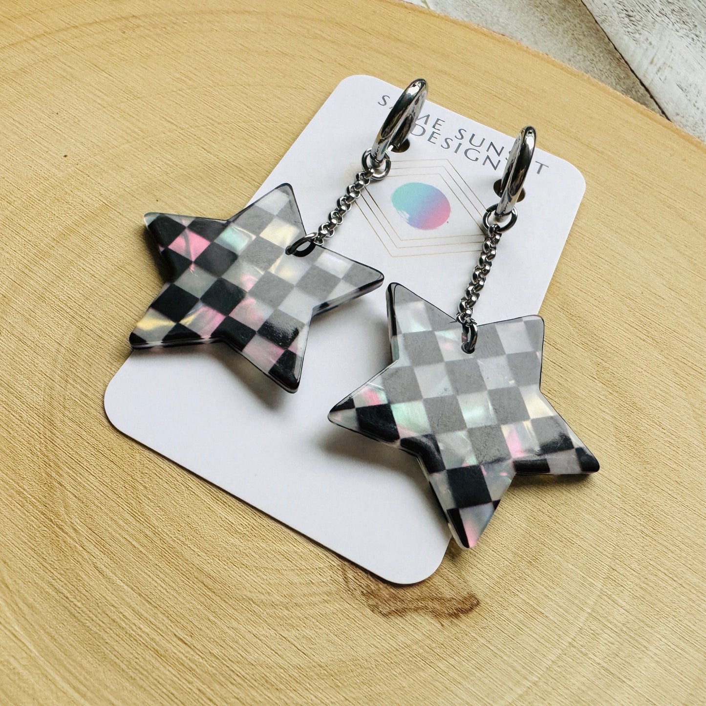 Checkered Star Huggie Hoop Earrings