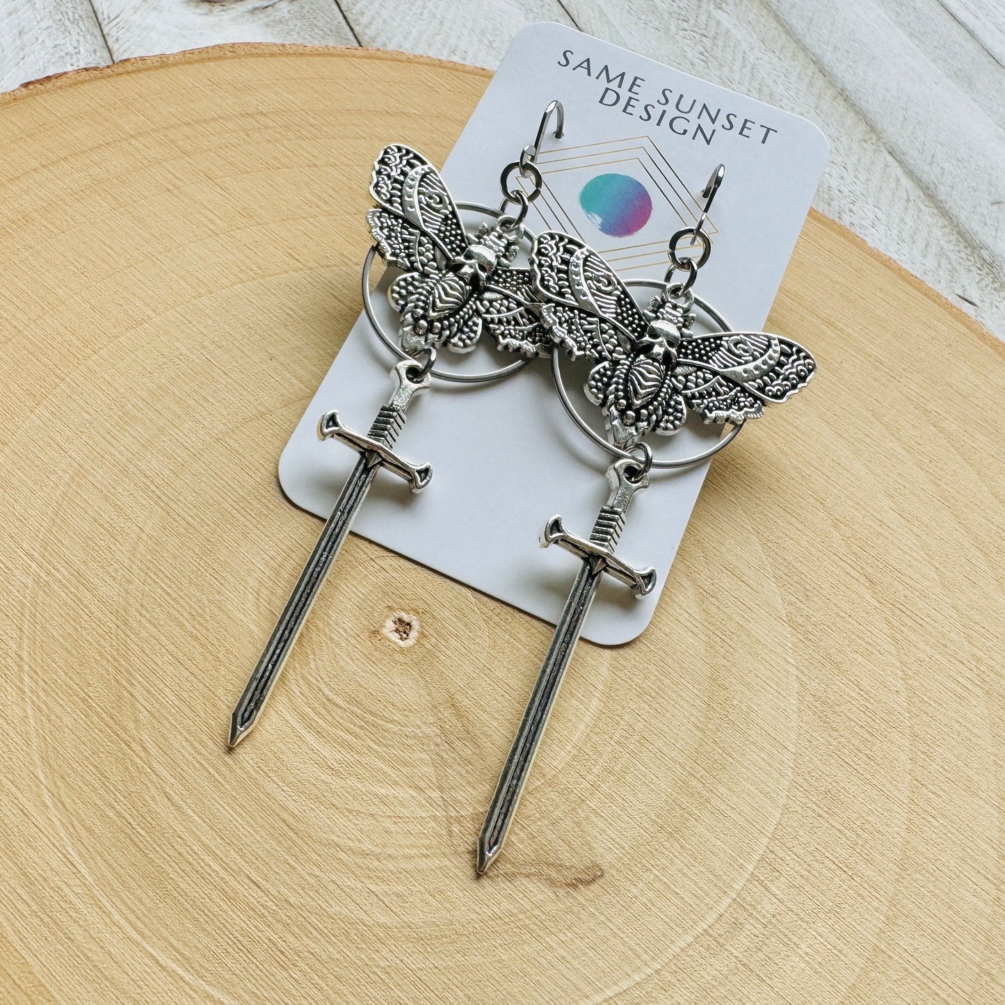 Silver Moth Sword Earrings