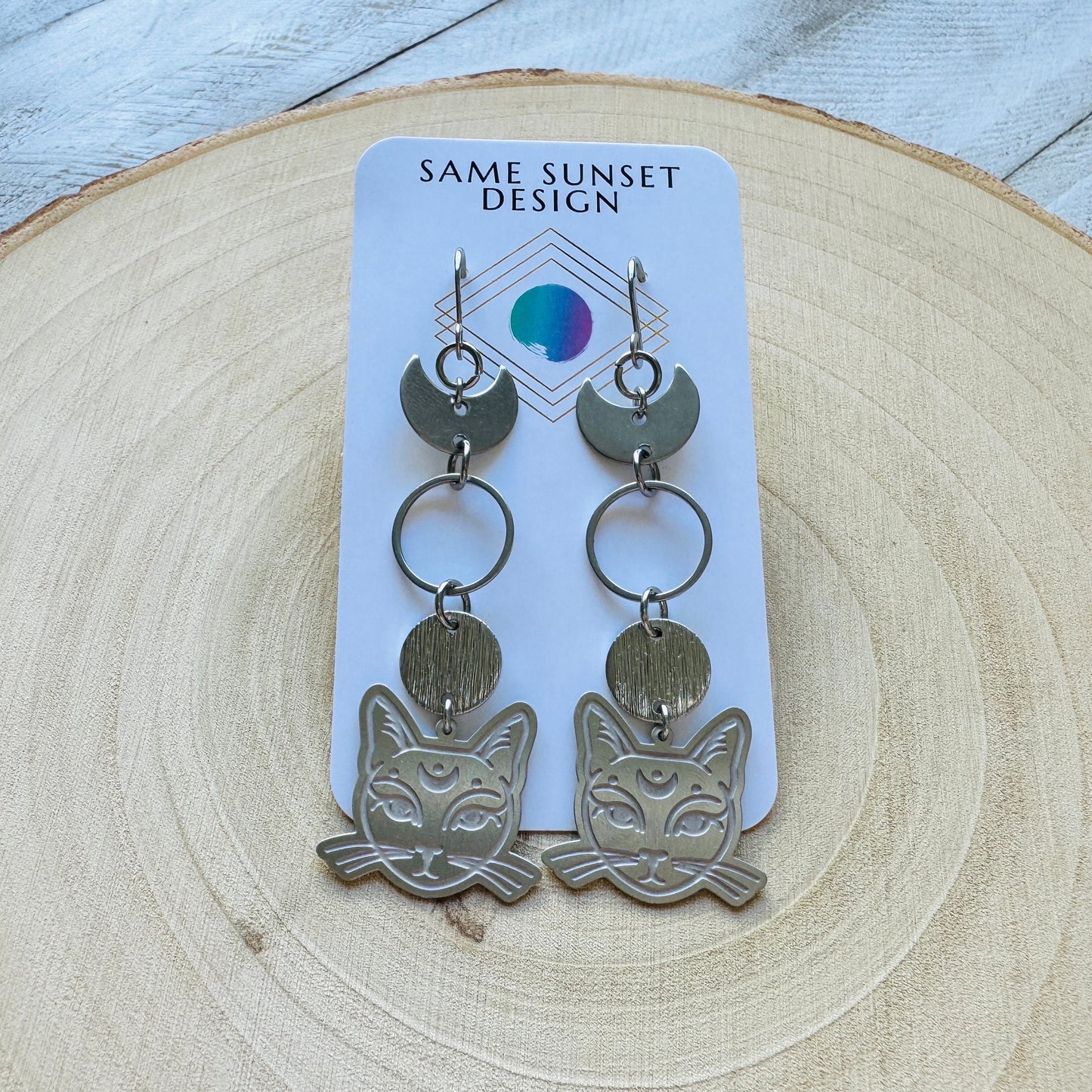 Silver Cat Moon Earrings