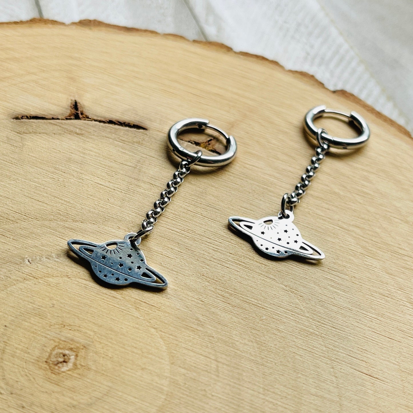 Stainless Steel Saturn Planet Huggie Hoop Earrings