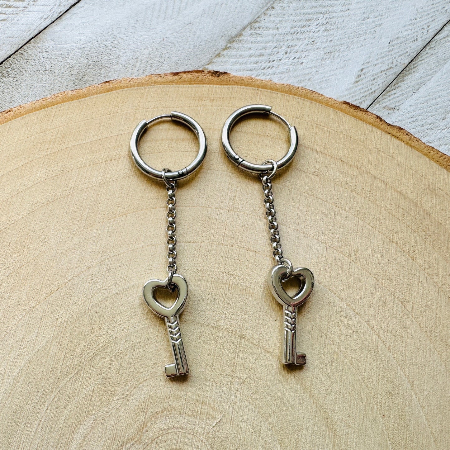 Silver Heart Key Huggie Hoop Earrings