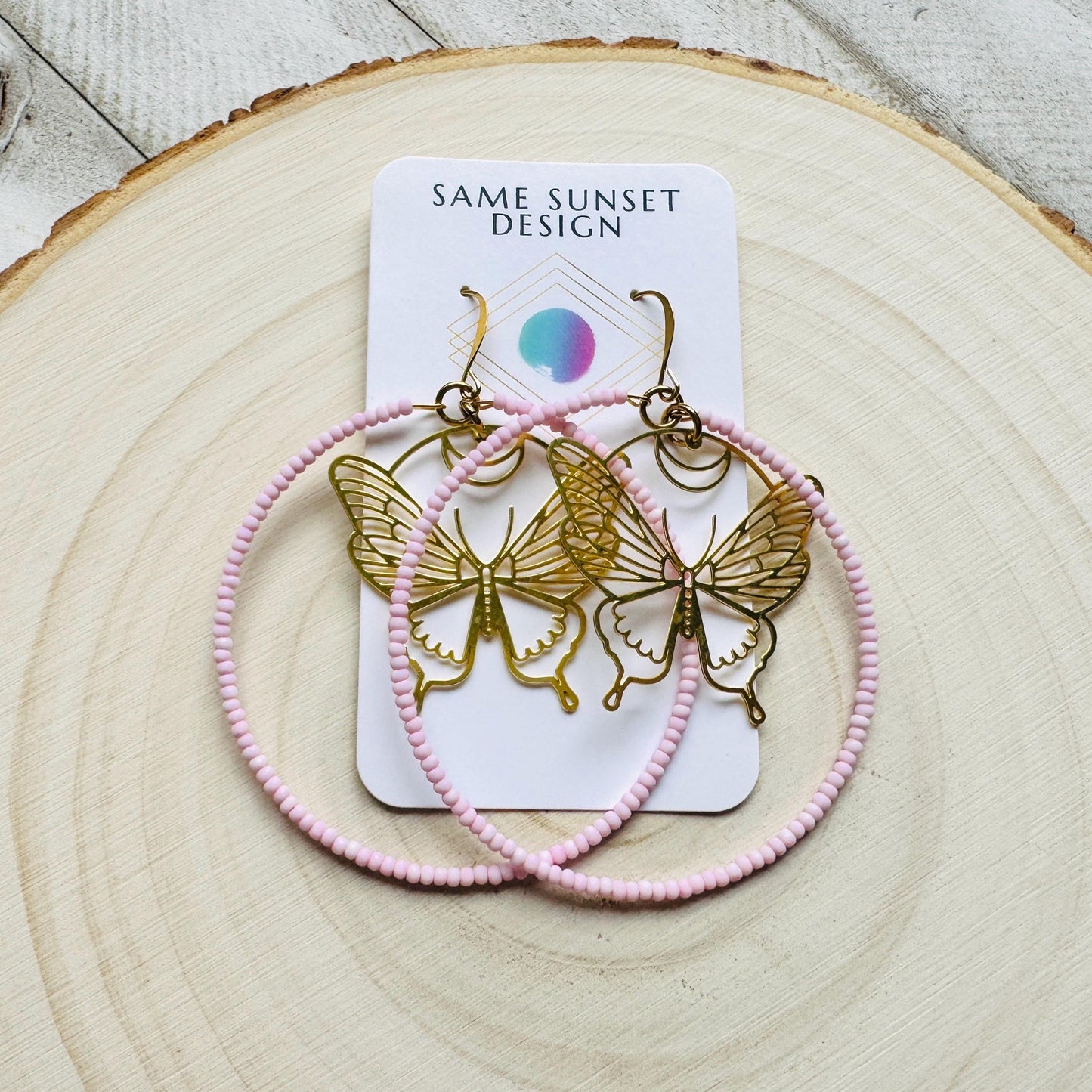 Seed Bead Butterfly Hoop Earrings