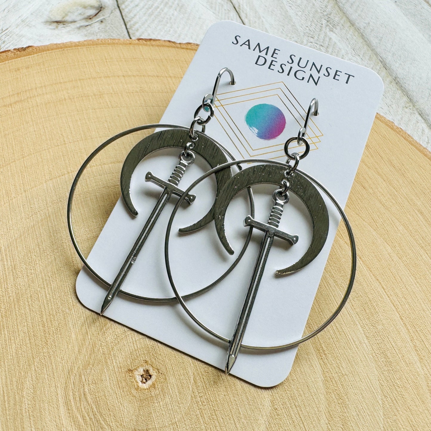 Stainless Steel Sword Moon Hoop Earrings