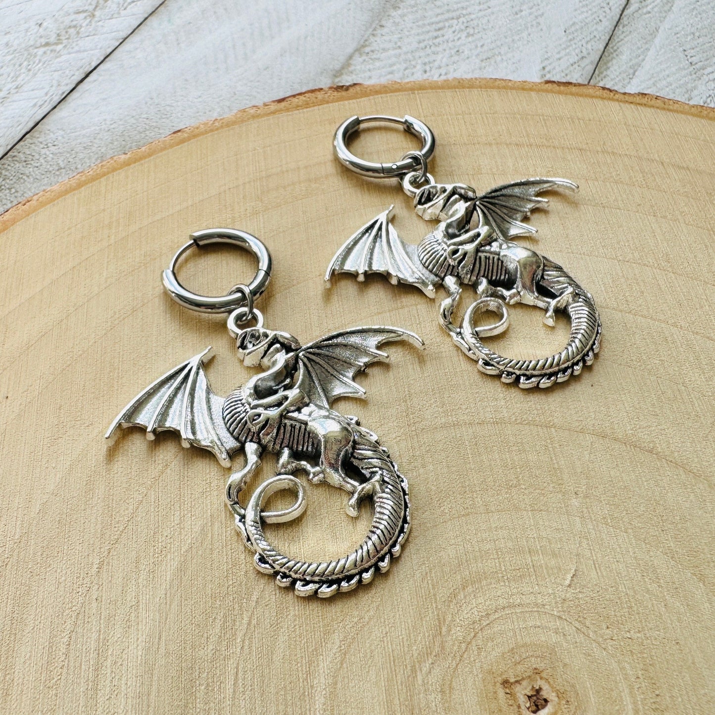Silver Dragon Huggie Hoop Earrings