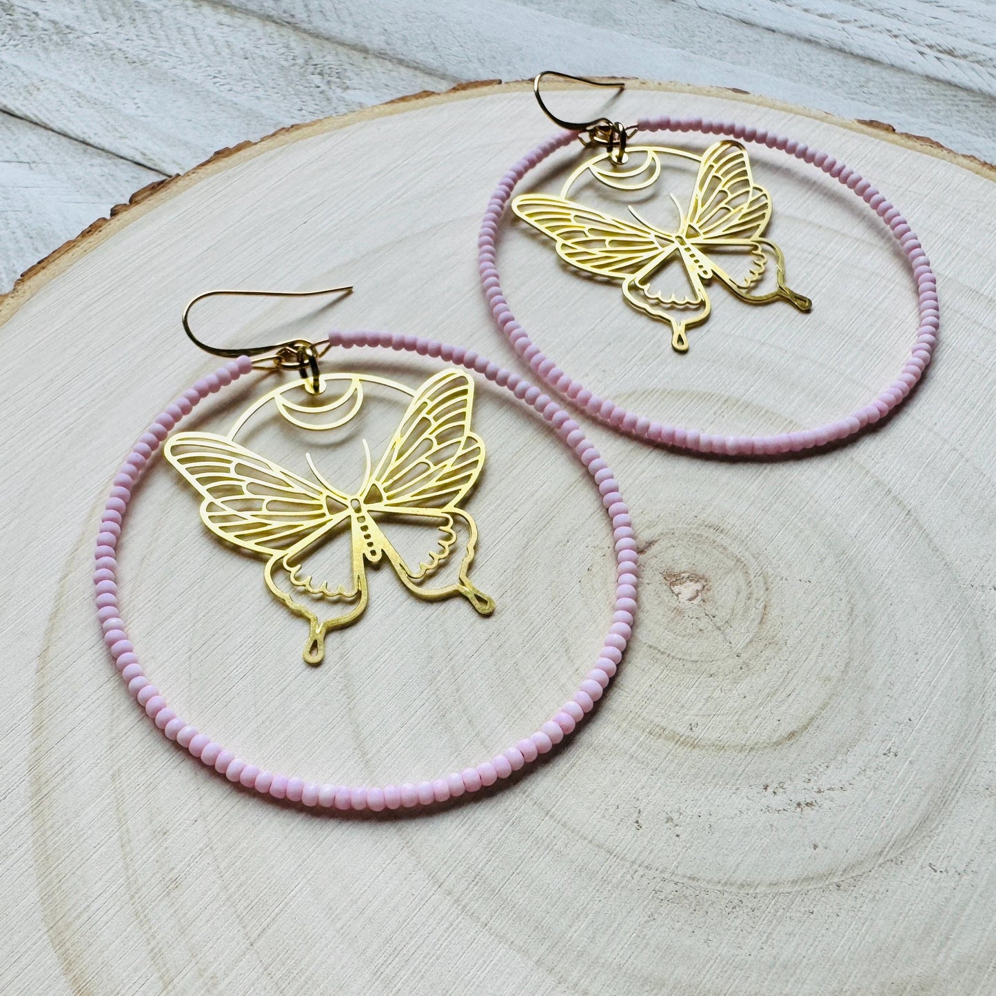Seed Bead Butterfly Hoop Earrings