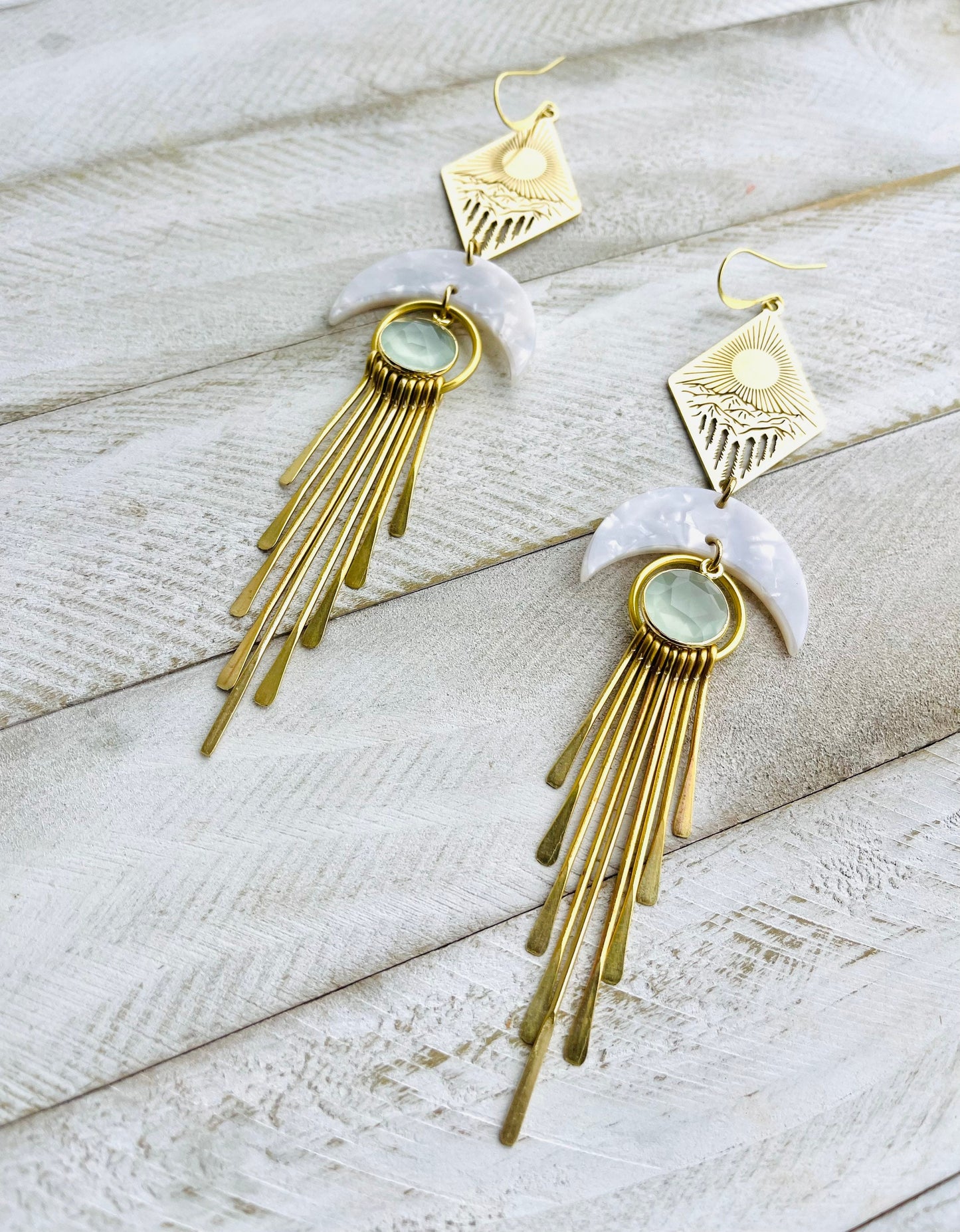 Aqua Chalcedony Moon Mountain Fringe Earrings