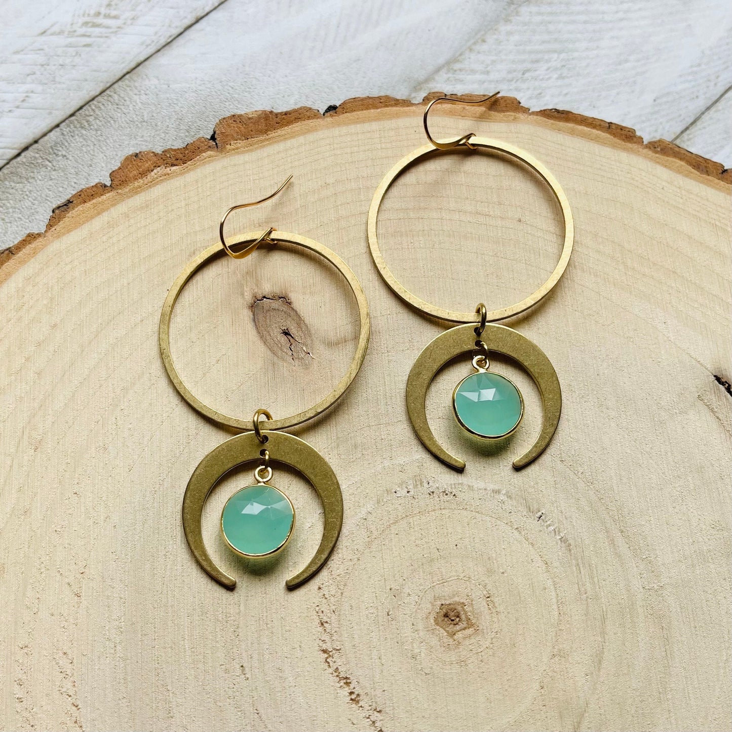 Aqua Chalcedony Moon Hoop Earrings