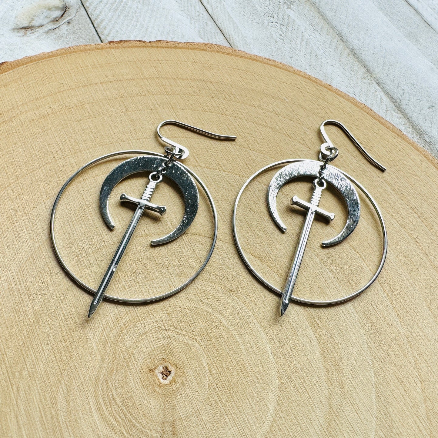 Stainless Steel Sword Moon Hoop Earrings
