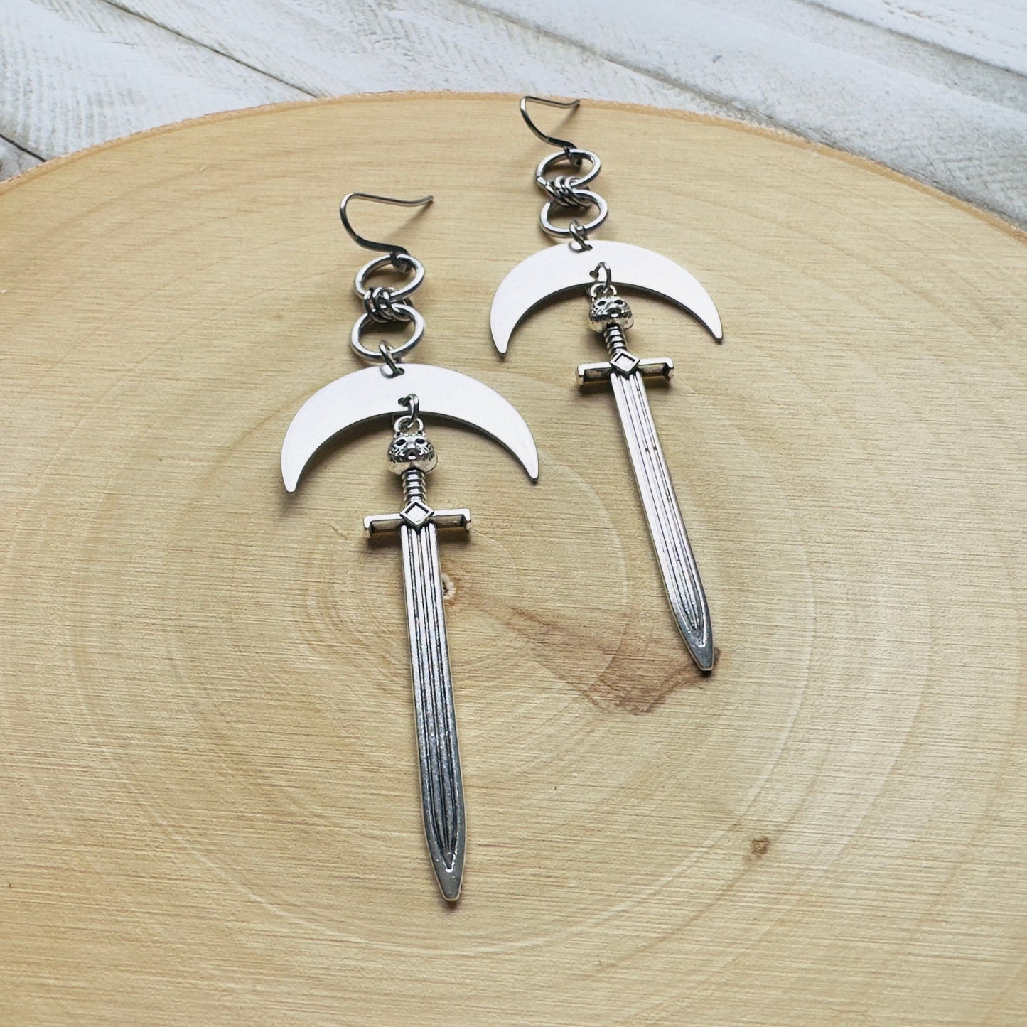 Silver Sword Moon Earrings