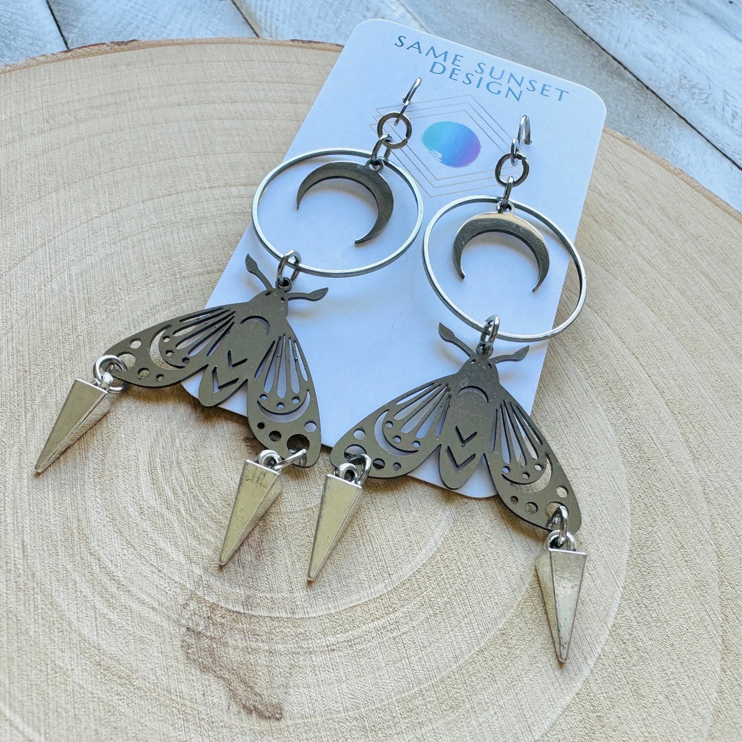 Silver Moth Moon Earrings