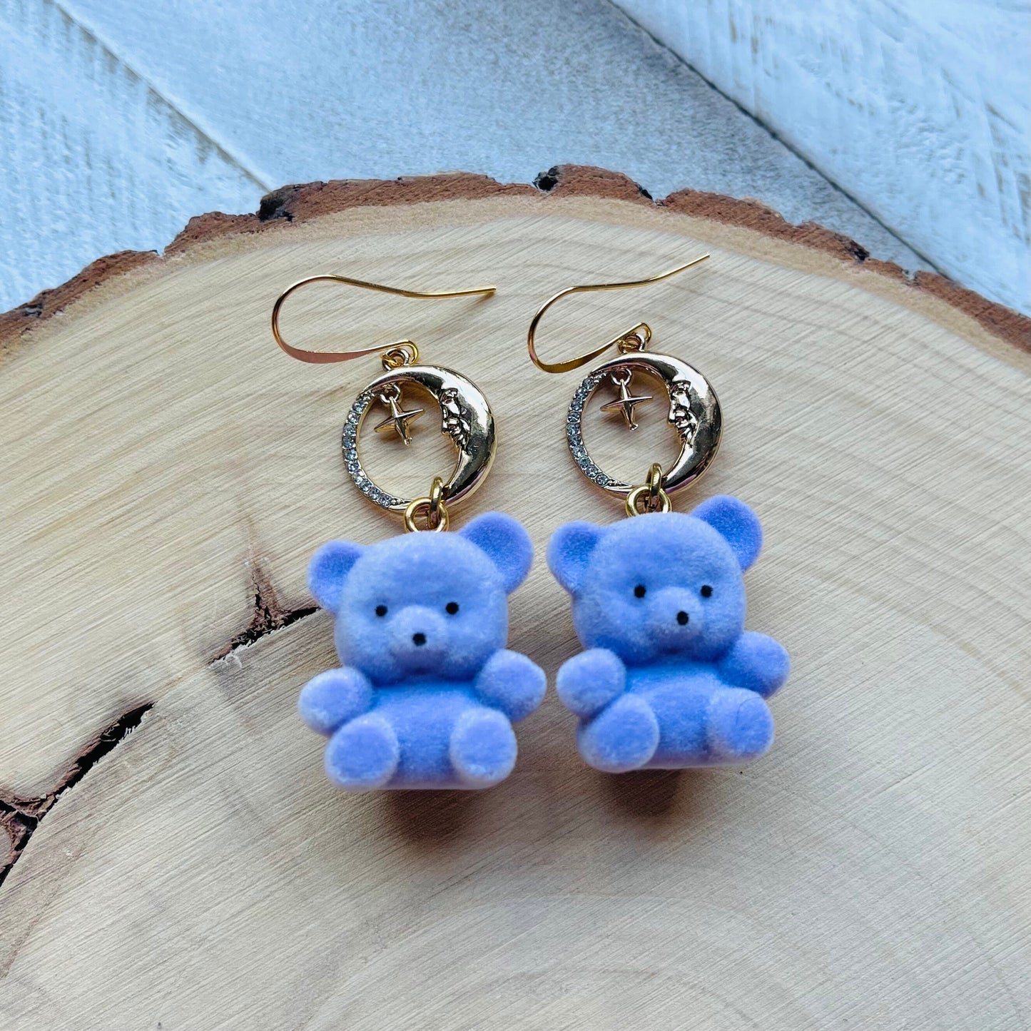 Purple Teddy Bear Moon Earrings