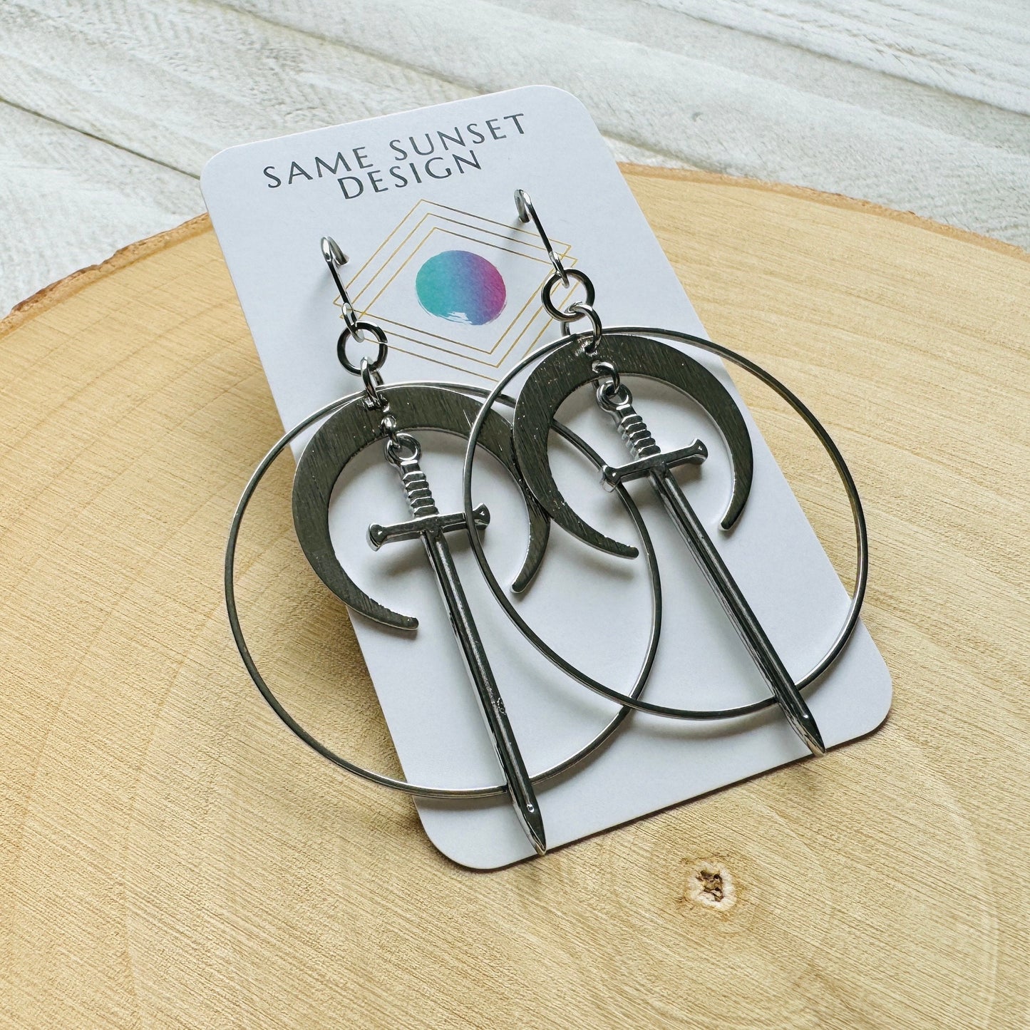 Stainless Steel Sword Moon Hoop Earrings