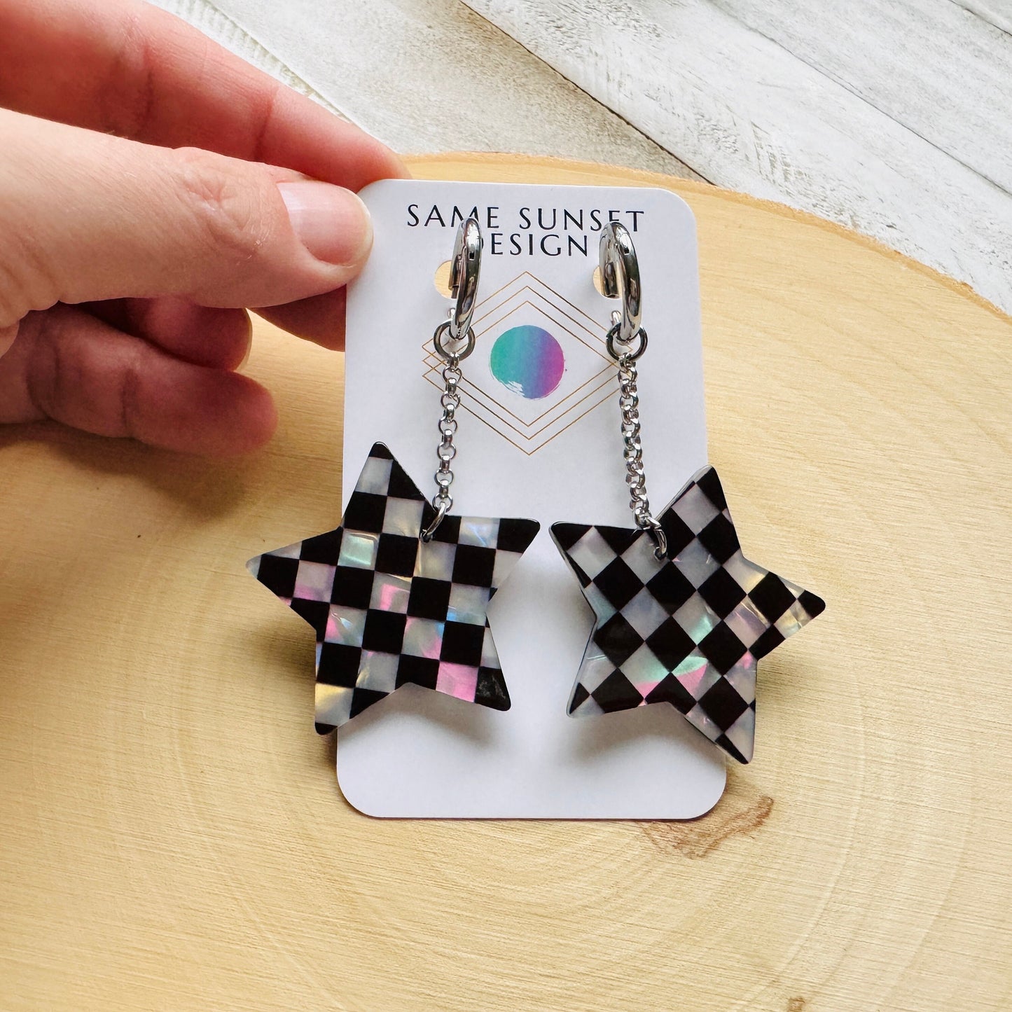 Checkered Star Huggie Hoop Earrings