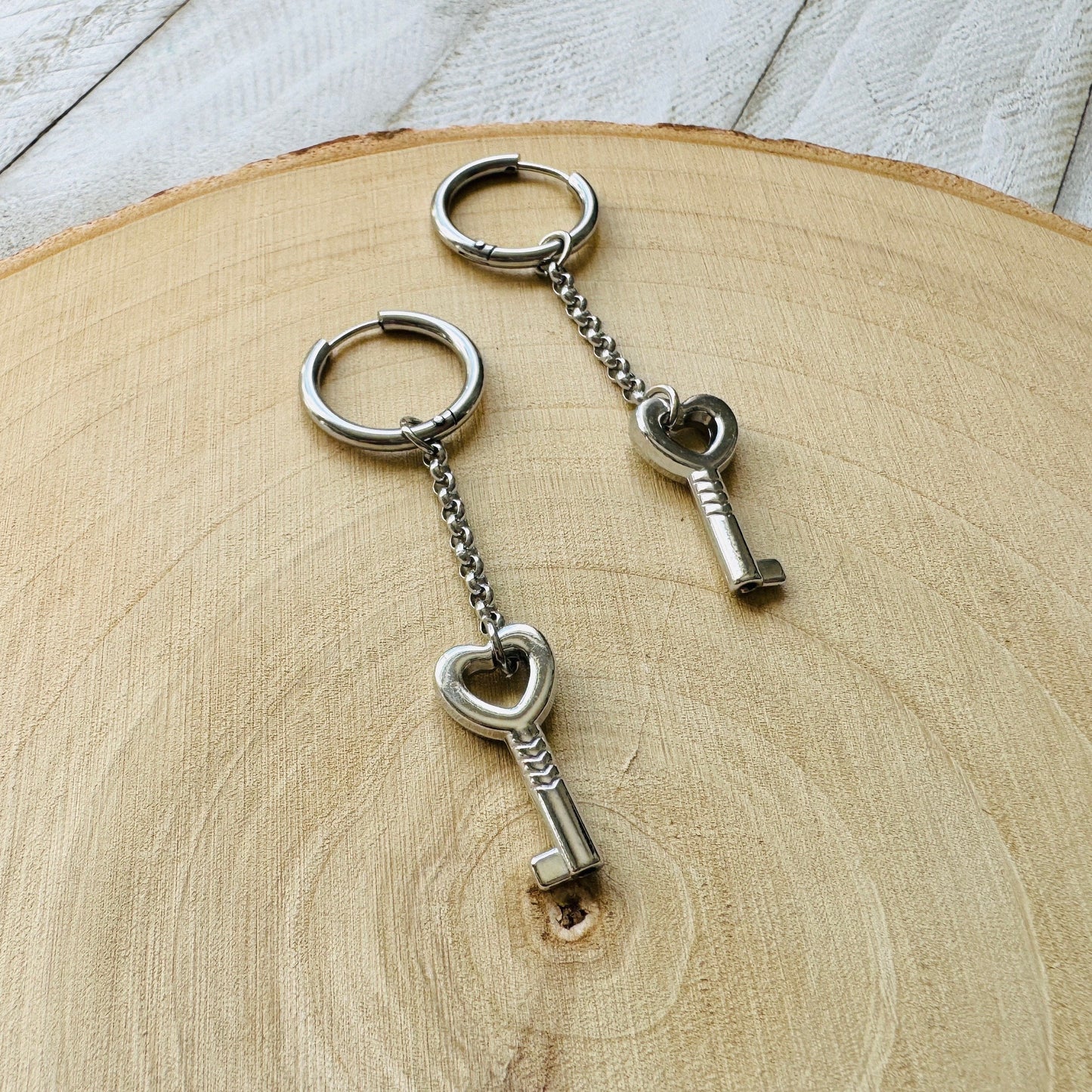Silver Heart Key Huggie Hoop Earrings