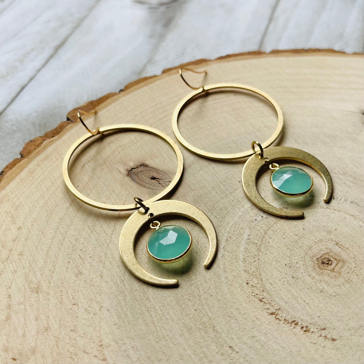 Aqua Chalcedony Moon Hoop Earrings