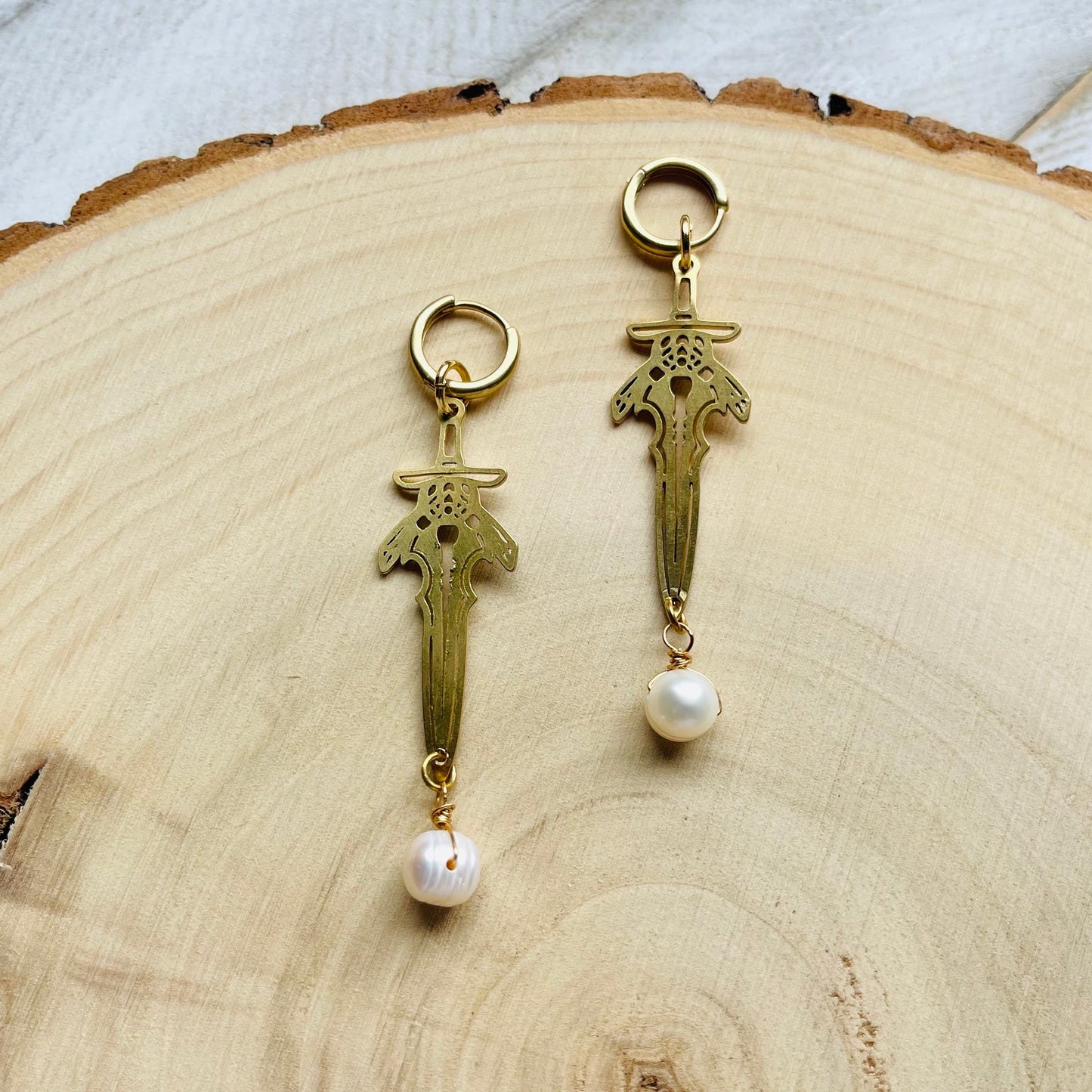 Pearl Sword Huggie Hoop Earrings