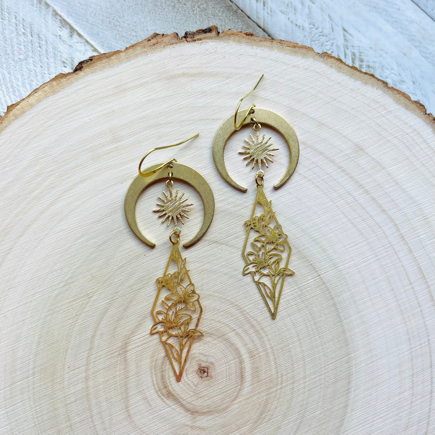 Brass Moon Flower Earrings