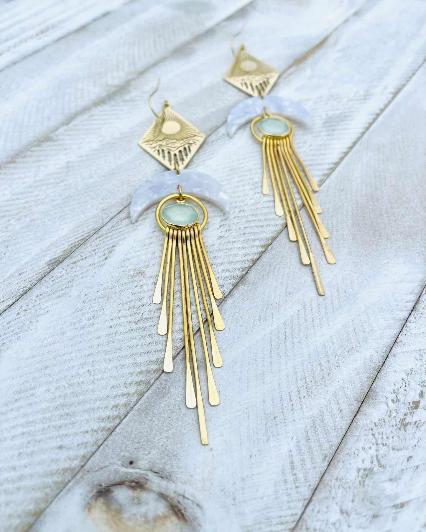 Aqua Chalcedony Moon Mountain Fringe Earrings