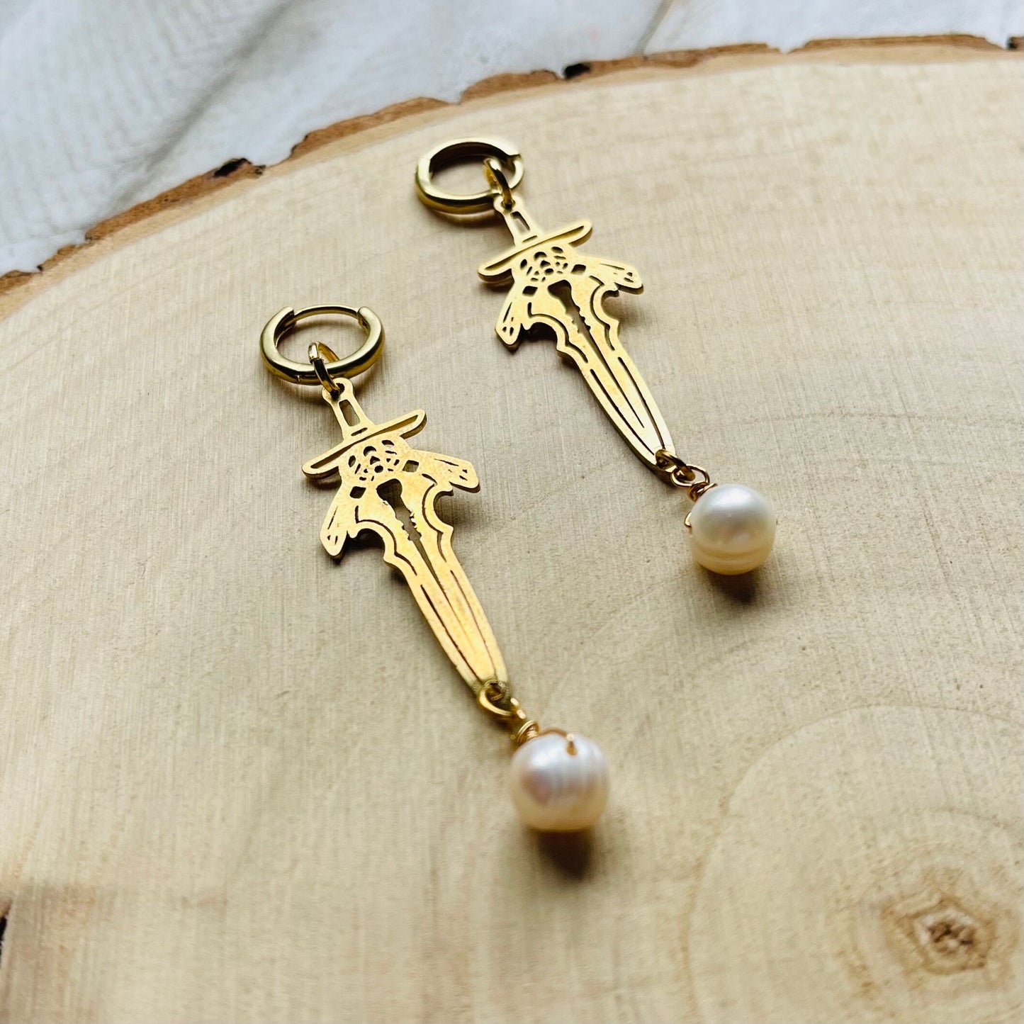 Pearl Sword Huggie Hoop Earrings