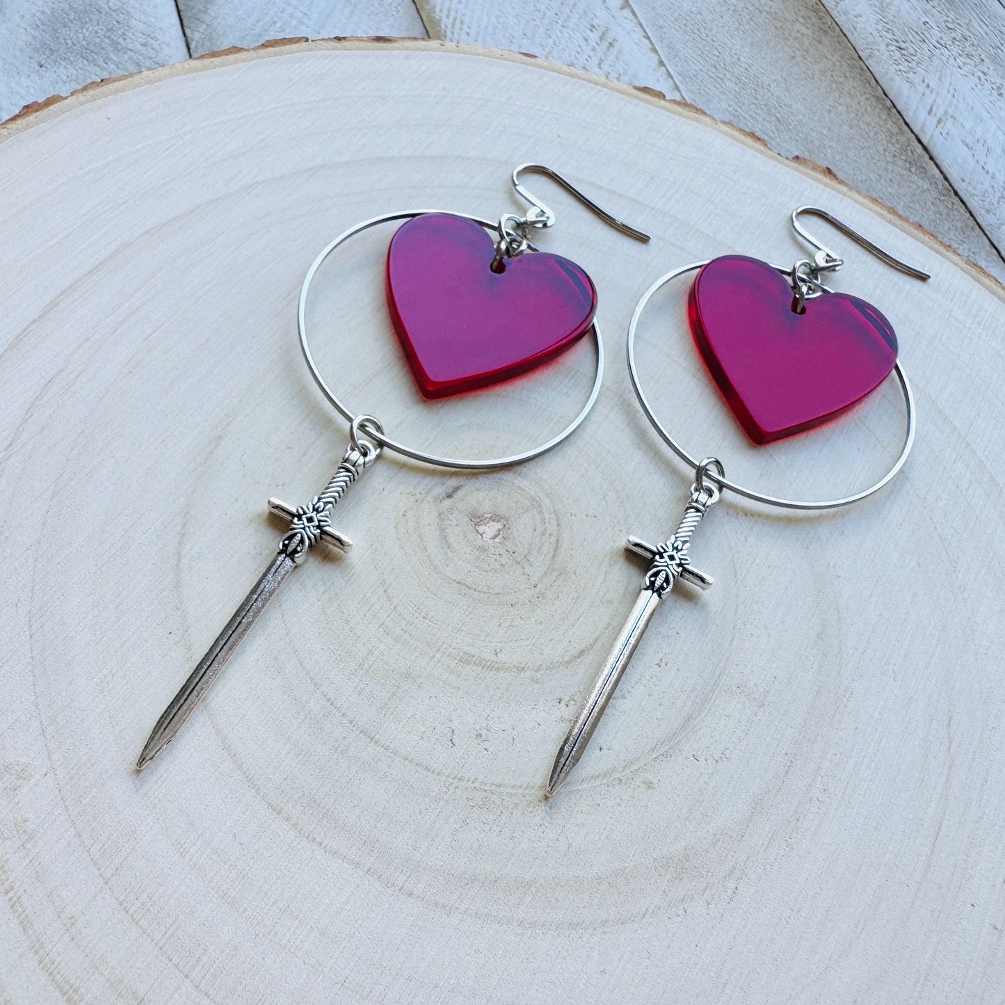 Red Heart Sword Earrings