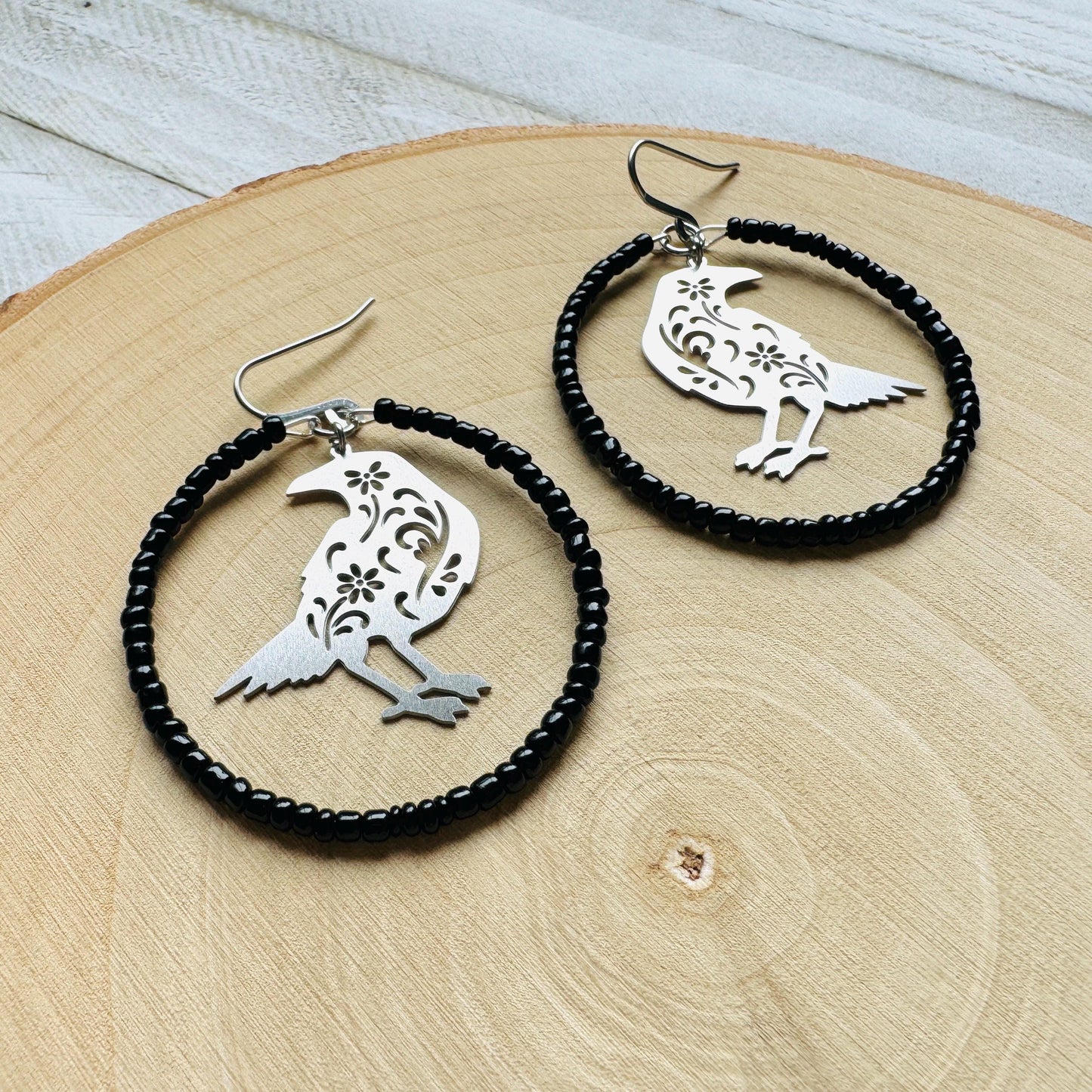 Raven Seed Bead Hoop Earrings