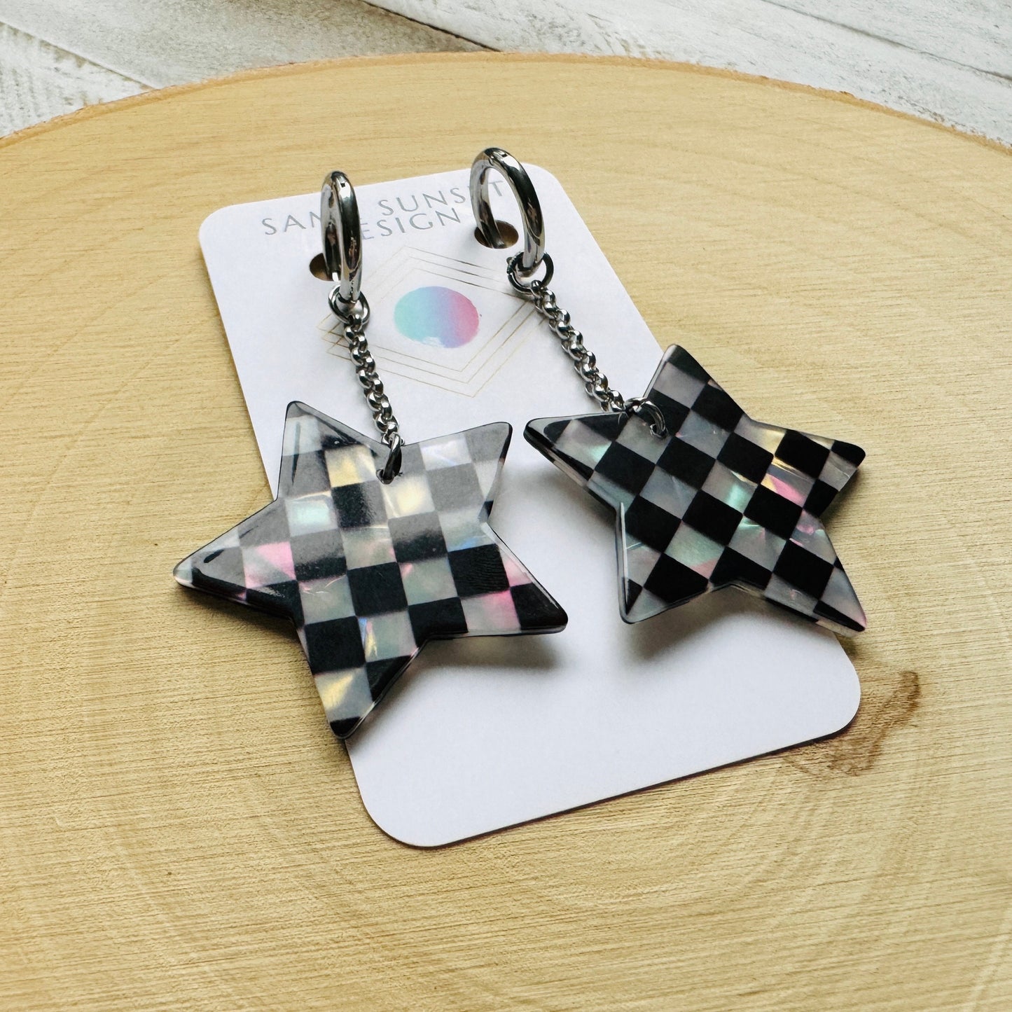 Checkered Star Huggie Hoop Earrings