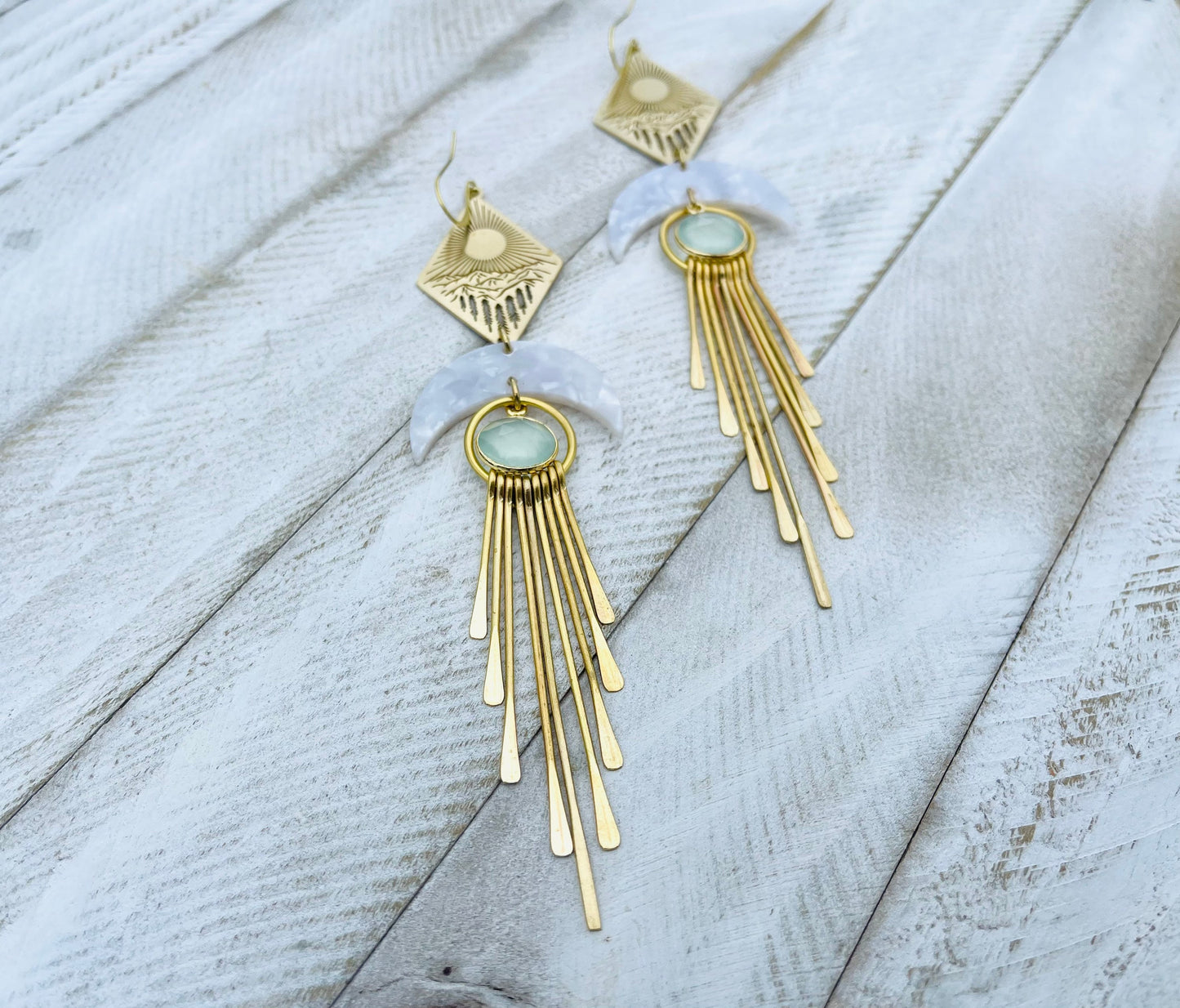 Aqua Chalcedony Moon Mountain Fringe Earrings