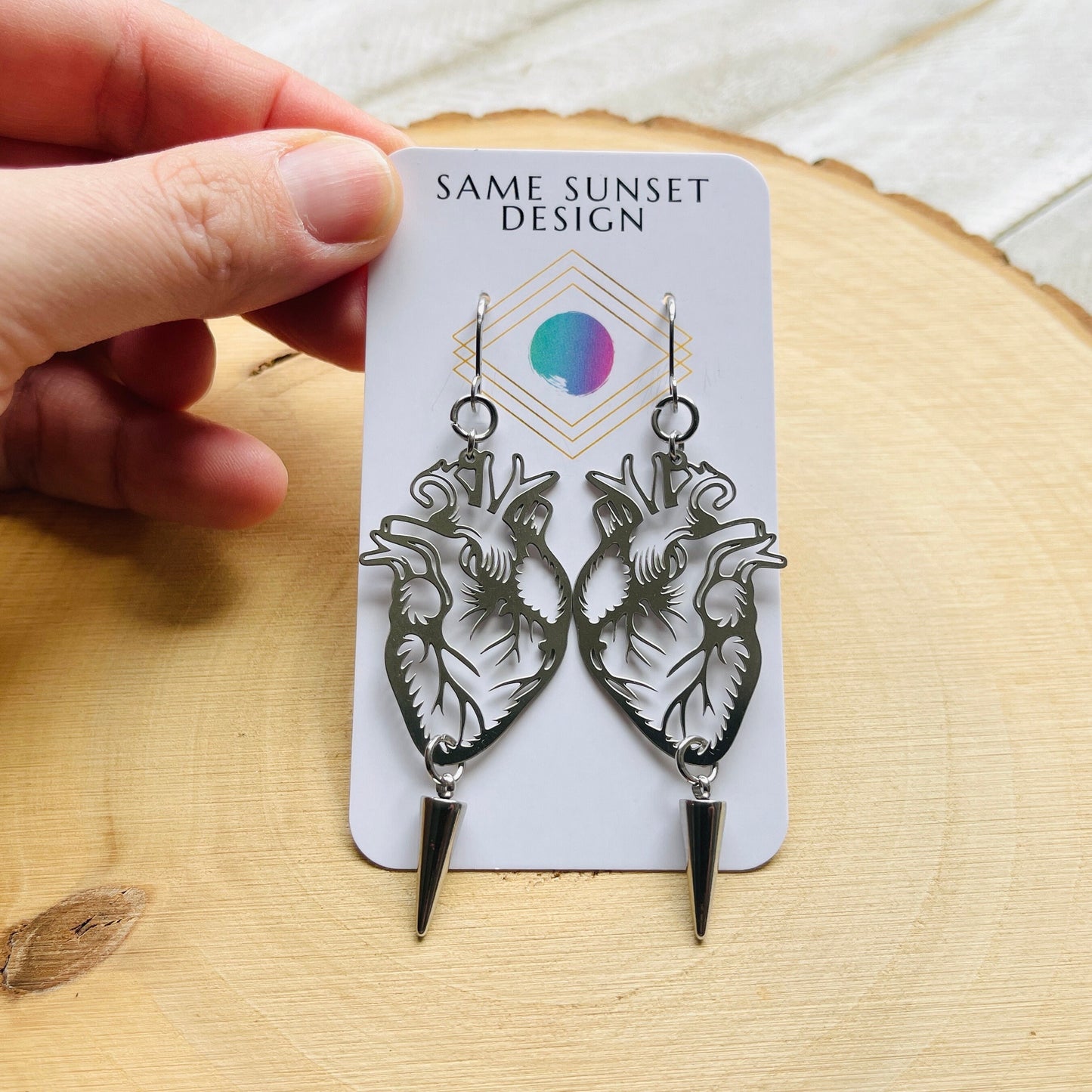 Silver Anatomical Heart Spike Earrings