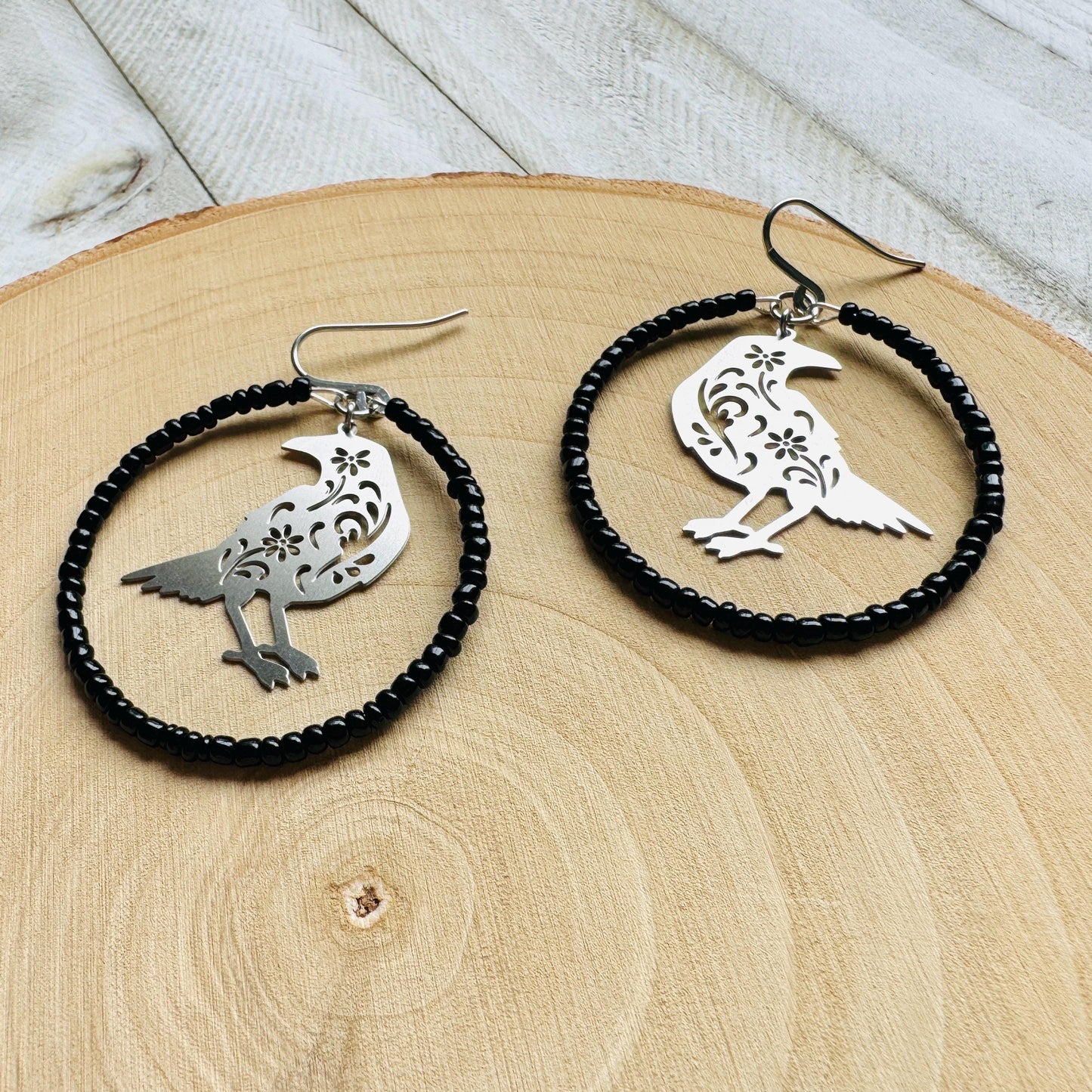 Raven Seed Bead Hoop Earrings