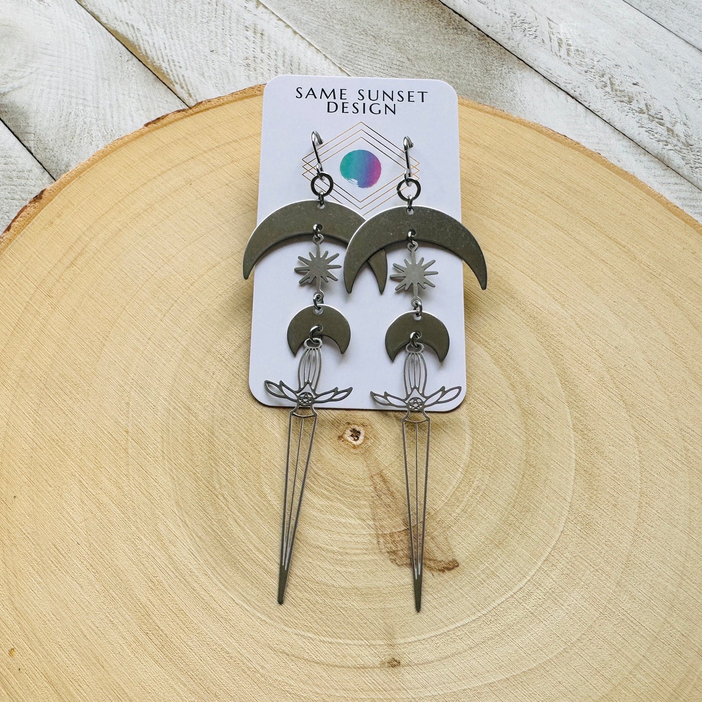 Silver Sword Moon Earrings