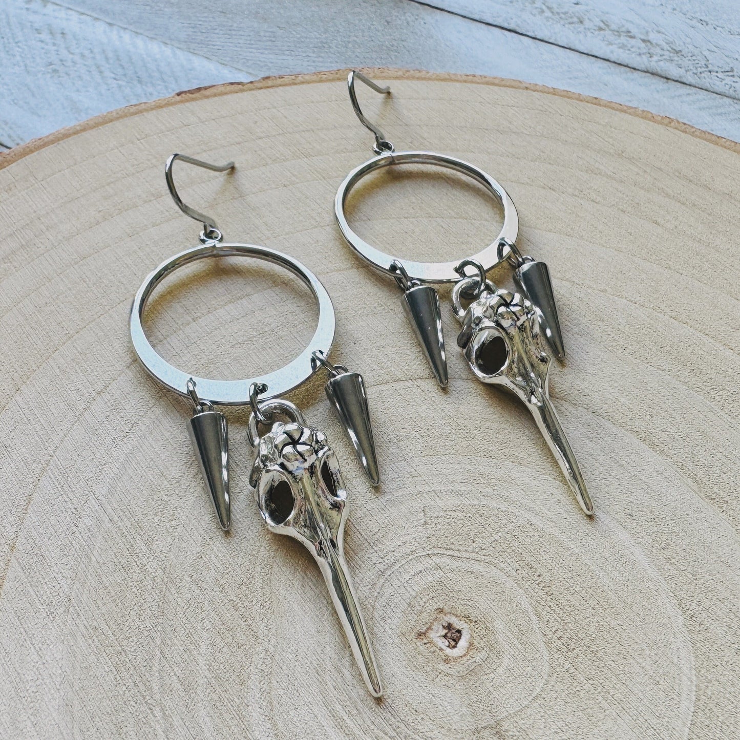 Silver Hoop Bird Skull Earrings