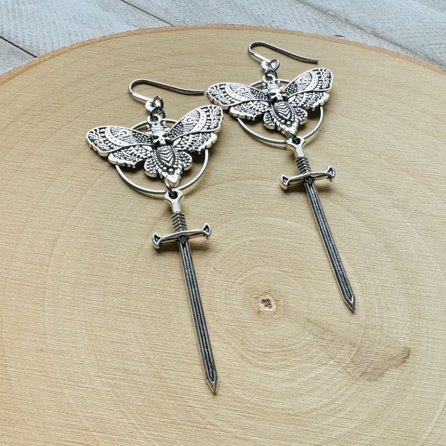 Silver Moth Sword Earrings