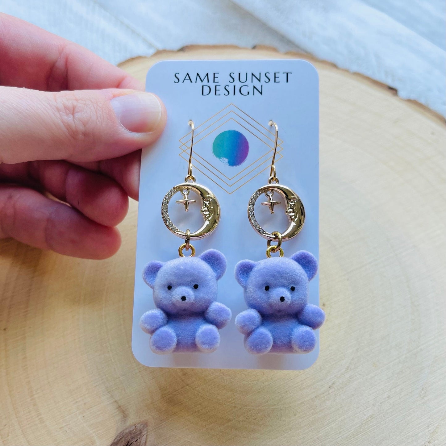 Purple Teddy Bear Moon Earrings