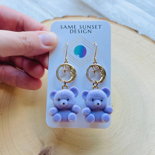 Purple Teddy Bear Moon Earrings
