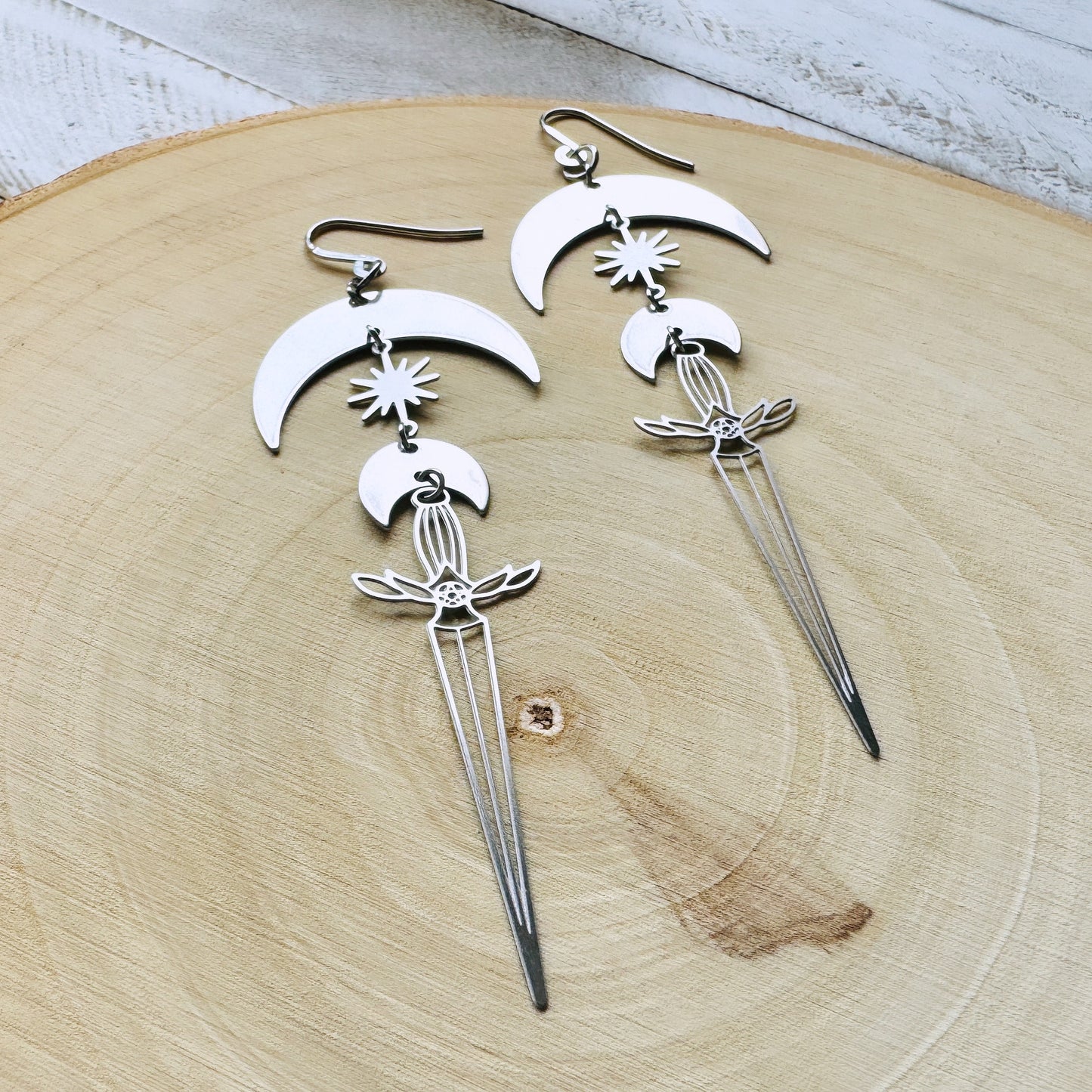 Silver Sword Moon Earrings