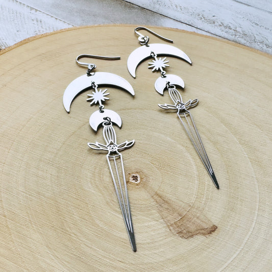 Silver Sword Moon Earrings