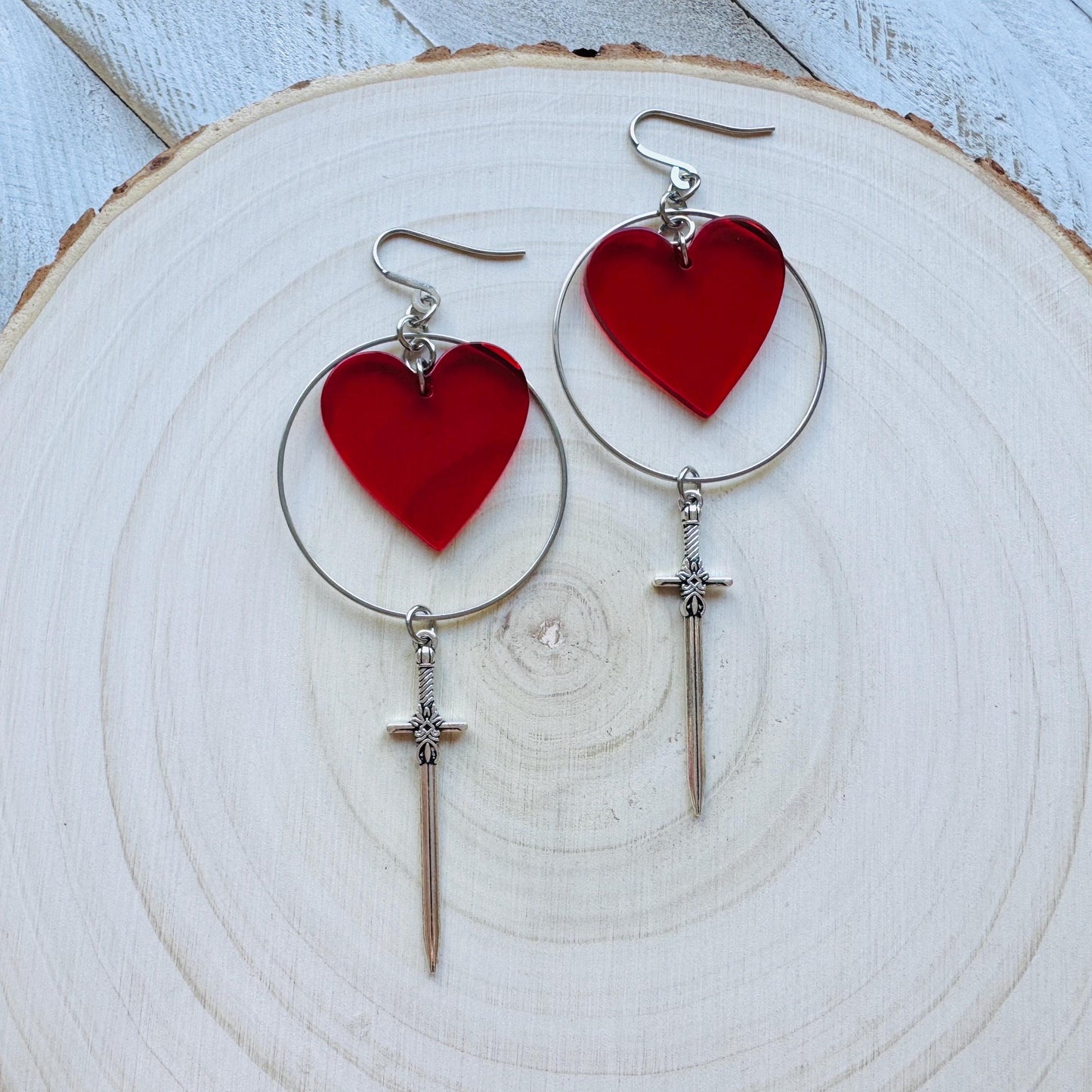 Red Heart Sword Earrings