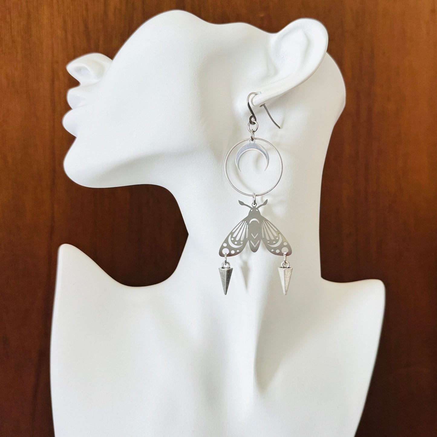 Silver Moth Moon Earrings