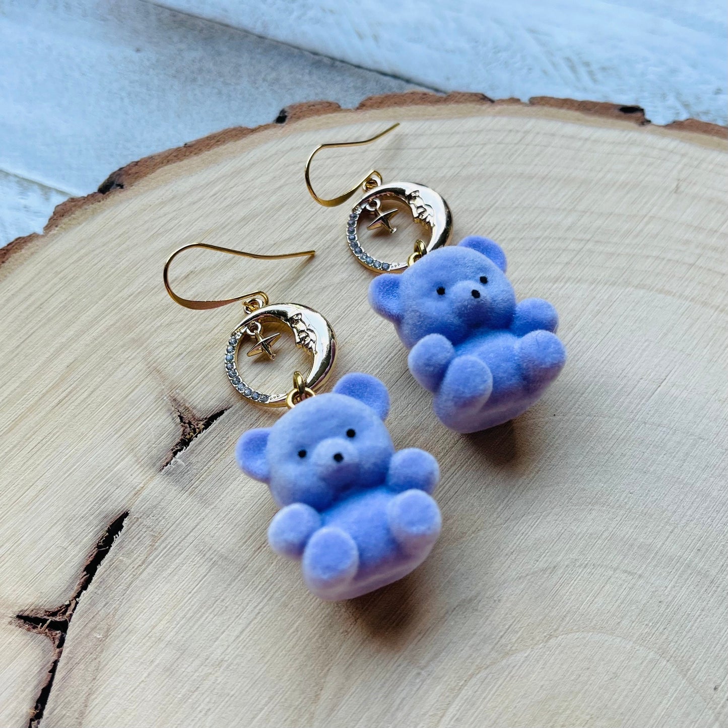 Purple Teddy Bear Moon Earrings