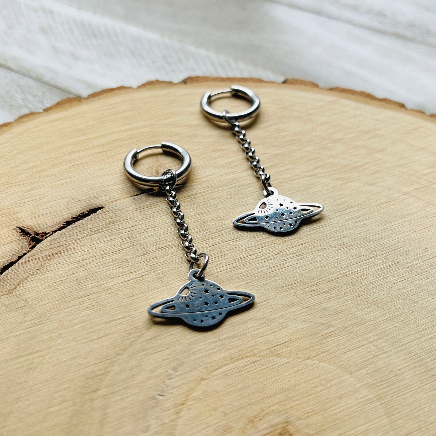 Stainless Steel Saturn Planet Huggie Hoop Earrings