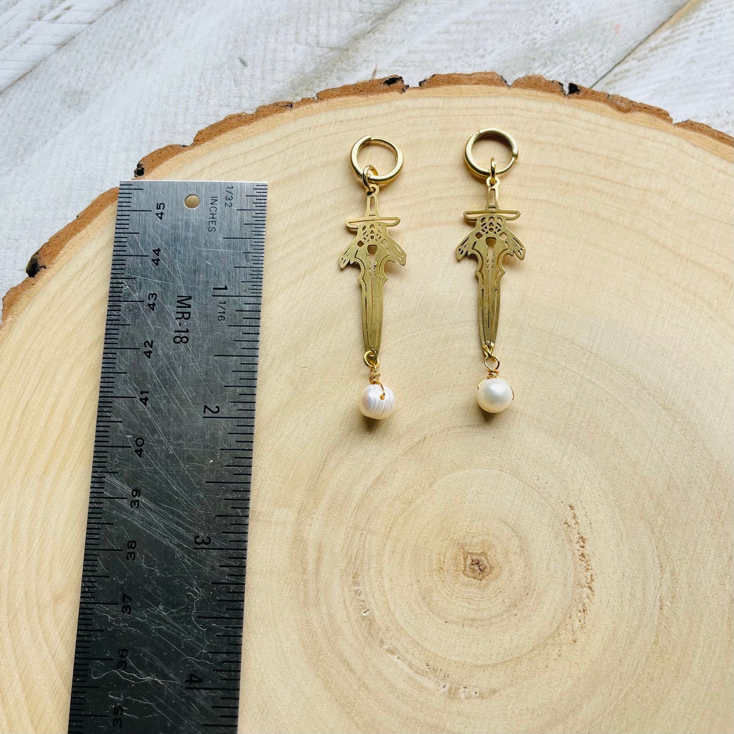 Pearl Sword Huggie Hoop Earrings