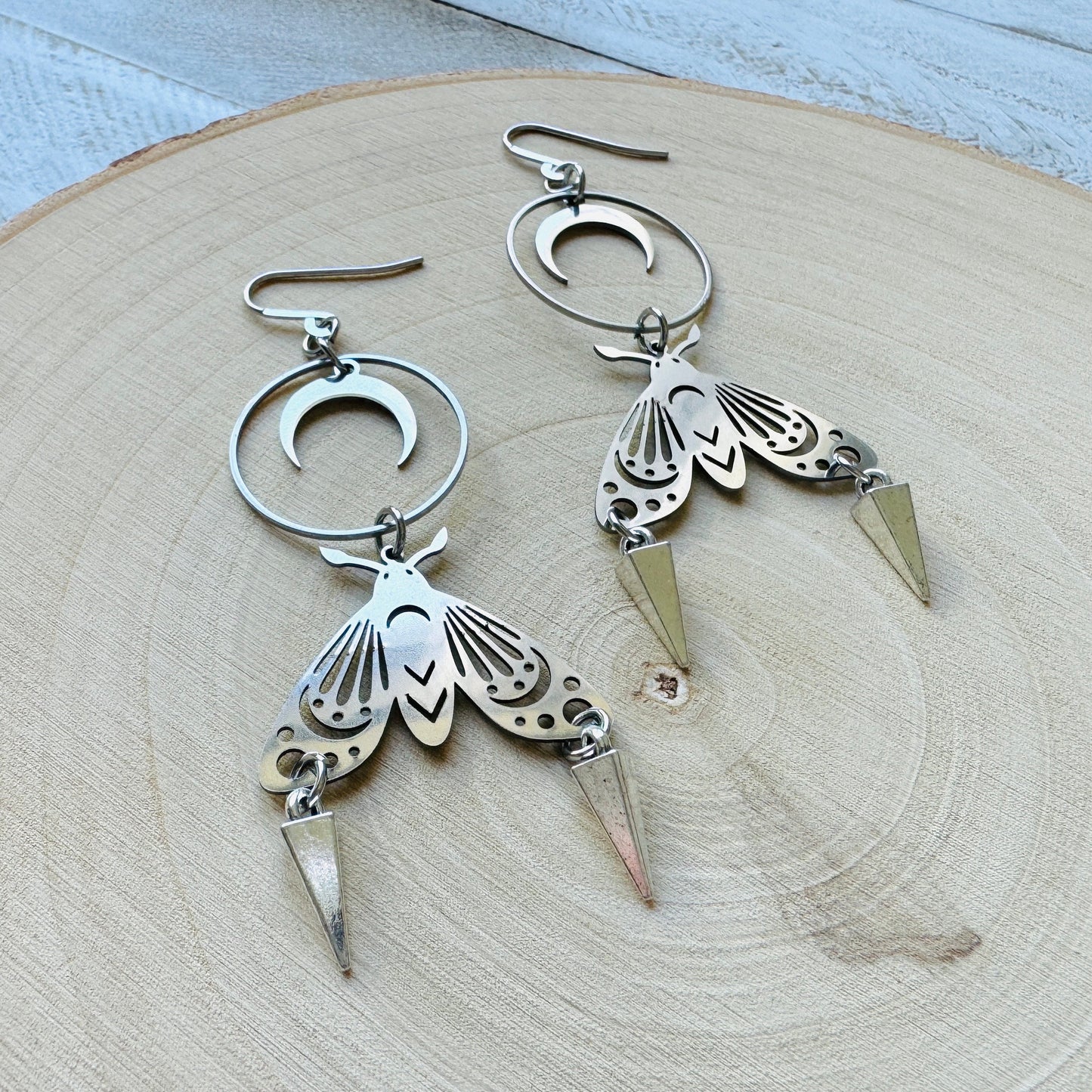 Silver Moth Moon Earrings