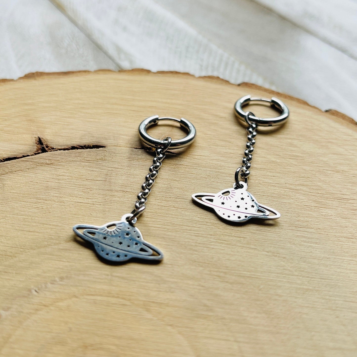 Stainless Steel Saturn Planet Huggie Hoop Earrings