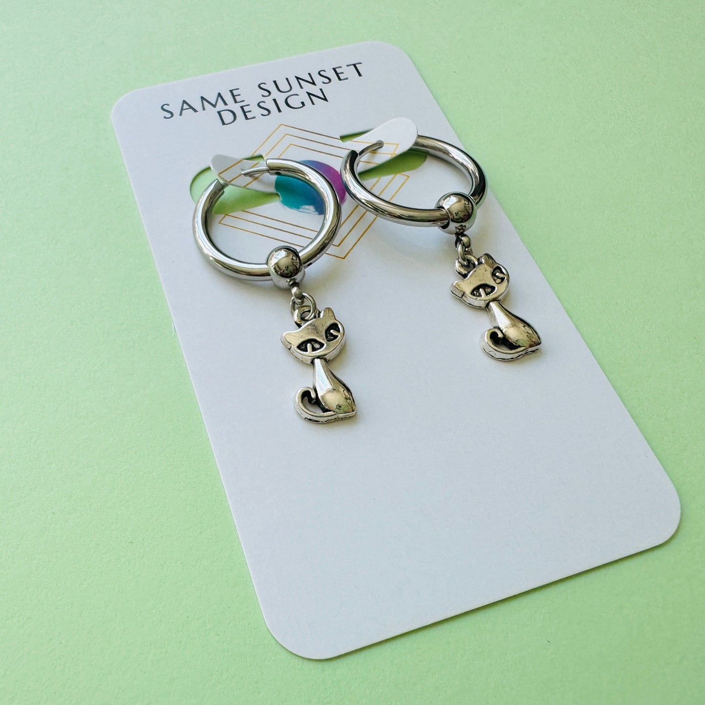Silver Cat Huggie Hoop Earrings